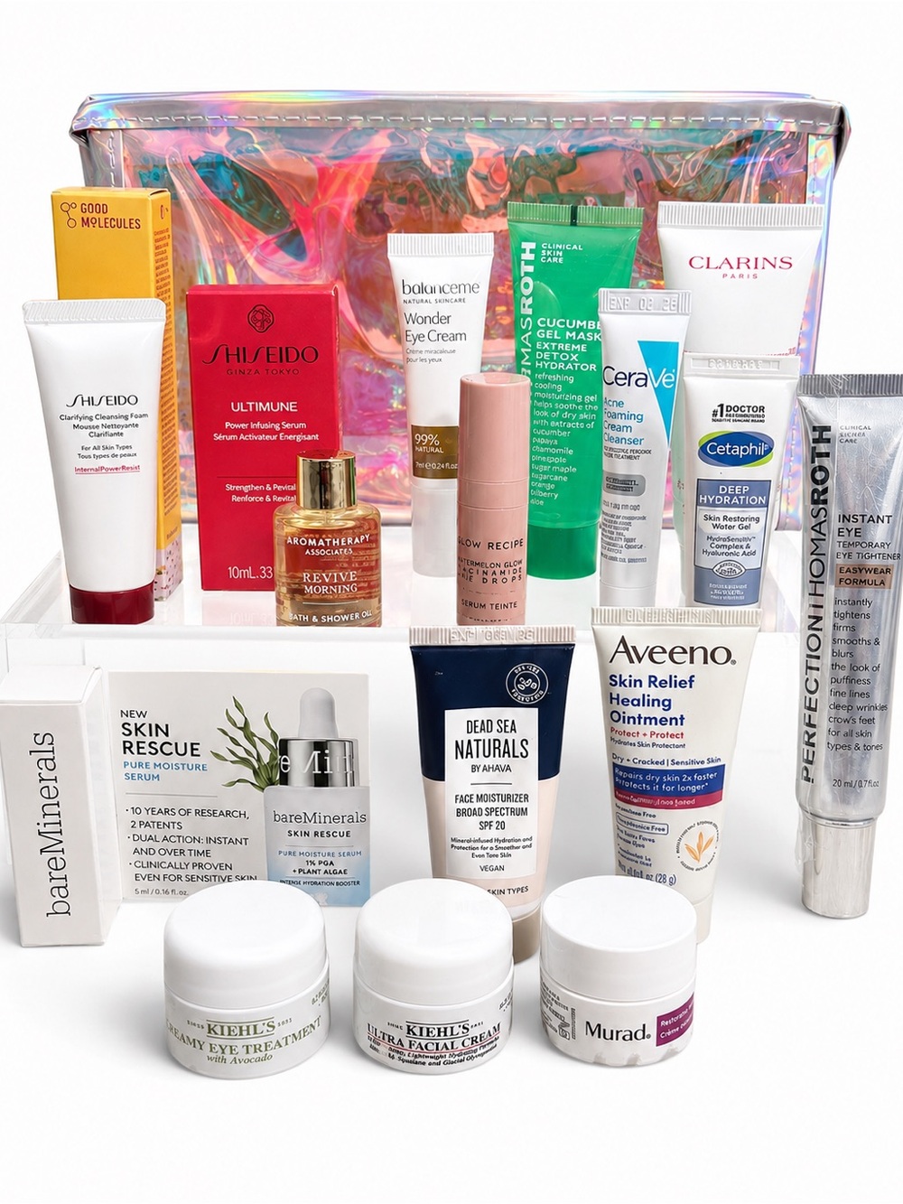18 Pc NEW Luxury Skincare Beauty Bundle Kiehl’s Shiseido Murad Glow Recipe + Bag